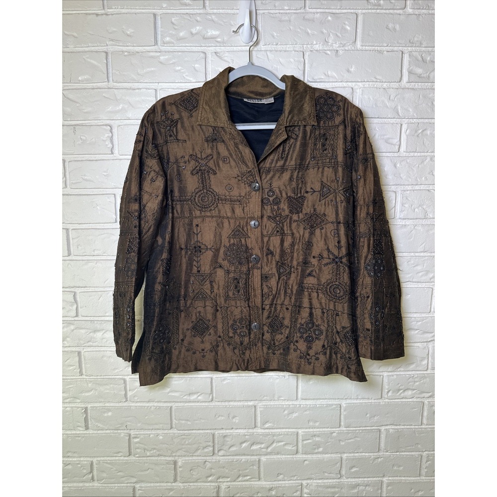 VTG Chicos Designs Size 1 Brown Long Sleeve Beaded Jacket 100% Silk Embroidered